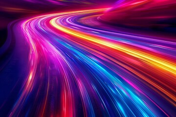 Vibrant Abstract Neon Light Trails Streaming Across a Dark Background in Smooth Curves and Swirls - obrazy, fototapety, plakaty