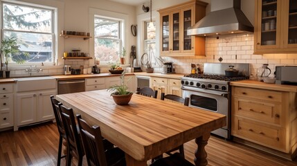 Chef's kitchen with butcher block island, pro appliances, and cozy fireside dining nook