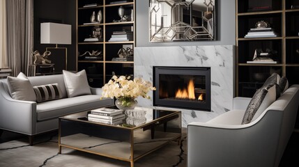 Chic hotel suite living room with mirrored fireplace, custom built-ins, and plush furnishings
