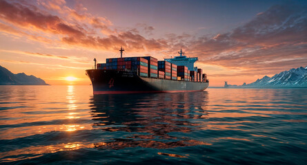 Seascape with container ship - obrazy, fototapety, plakaty