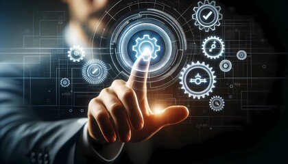 Obraz premium Businessman touching gear icon on virtual screen concept of modern technology in business operations and data management
