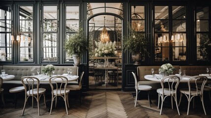 Chic Parisian cafe with herringbone wood floors, vintage mirrored accents, and romantic rattan bistro chairs - obrazy, fototapety, plakaty