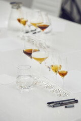 Different alcoholic beverages for blind tasting conduction. Sommelier school, wine waiter professional work. 