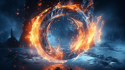 Flaming logo reveal ring of ice and fire effect - obrazy, fototapety, plakaty