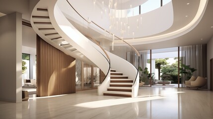 Contemporary architectural masterpiece entry with floating curved staircase, vaulted atrium, and sculptural chandelier - obrazy, fototapety, plakaty