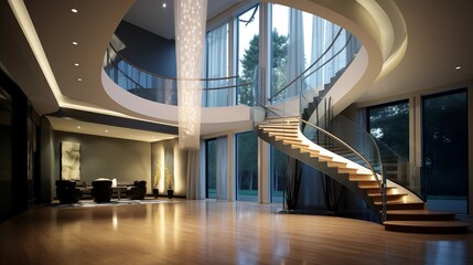 Obraz premium Contemporary architectural masterpiece entry with floating curved staircase, vaulted atrium, and sculptural chandelier