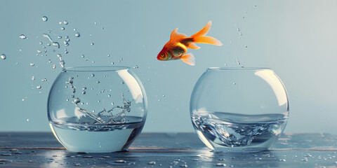 A goldfish jumps from one fishbowl to another, symbolizing the idea of breaking free from old approaches and trying something new. improvement concept personal growth through technological change - obrazy, fototapety, plakaty