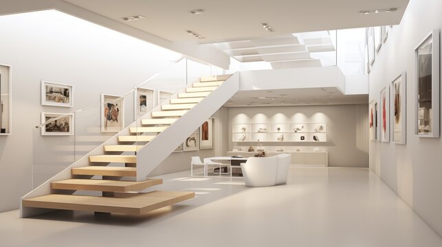 Contemporary art collector's dream gallery with floating staircases, movable walls, and flexible lighting