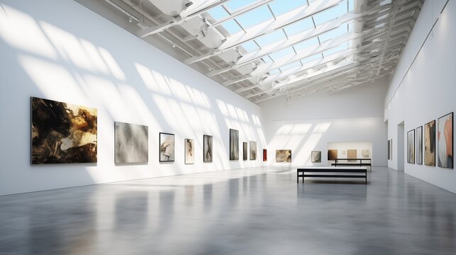 Contemporary art gallery with stark white walls, polished concrete floors, and angled skylights