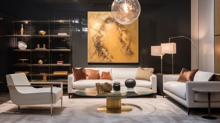 Contemporary furnishings showroom with vignettes, accent lighting, and neutral backdrops - obrazy, fototapety, plakaty