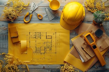 gold lay top view desk work table with Blueprint drawing,Yellow Helmet,architect design stationary and house