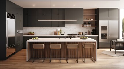 Contemporary kitchen with flat-front charcoal gray Shaker cabinets