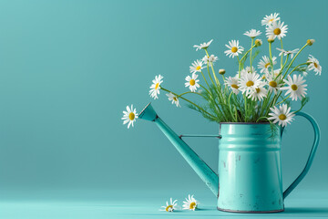 White flowers in watering can on turquoise blue background. Generative AI.