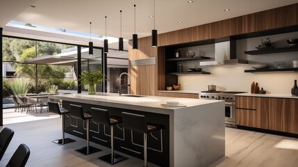 Contemporary open kitchen with waterfall island, integrated appliances, and floating shelves