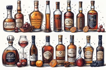 hand drawn design set of different brandies types. Cognac, armagnac, calvados, Grappa and brandy. - obrazy, fototapety, plakaty