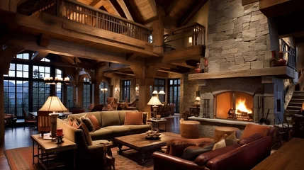 Stickers meubles Mur chinois Cozy ski lodge great room with soaring wood-beamed ceilings and massive stone fireplace