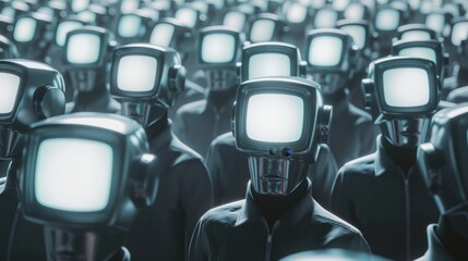 A multitude of identical figures with vintage television sets for heads, symbolizing conformity and uniformity in society. - obrazy, fototapety, plakaty