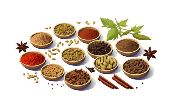 Ayurvedic Spices Assortment for Health isolated vector style on isolated background illustration