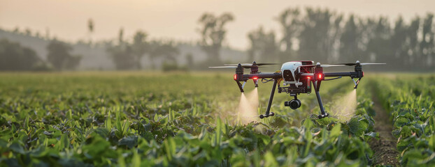 Agricultural drone in action, spraying crops at dusk, highlighting precision farming and eco-friendly pest control in lush fields. - obrazy, fototapety, plakaty