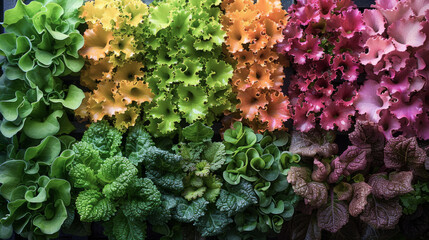 Colorful lettuces in vertical hydroponic system, efficient space use highlighted by LED lighting, perfect for articles on innovative gardening solutions