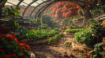 A transparent dome harbors life, cultivating food on Mars against a backdrop of alien desolation.