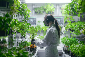 A scientist attentively modifies plant genetics for better nutrition in an AI-enhanced lab full of samples. - obrazy, fototapety, plakaty