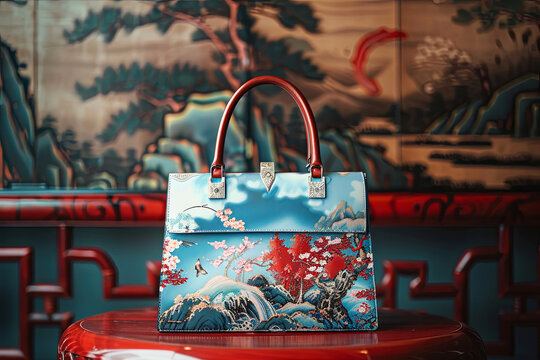 An isolated mockup handbag with japanese ukiyo art design