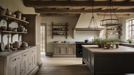 Cozy yet refined Belgian farmhouse kitchen with wood beams, plank floors, and antique-inspired cabinetry