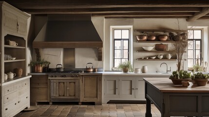Cozy yet refined Belgian farmhouse kitchen with wood beams, plank floors, and antique-inspired cabinetry
