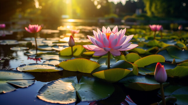 Photo of pond with lotus flower