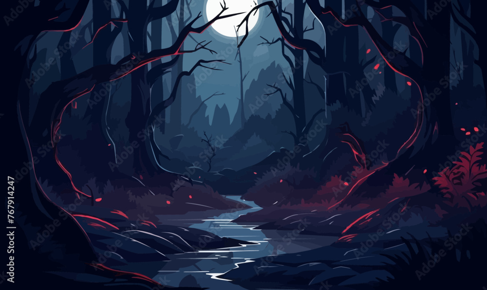 Poster a dark forest with a river running through it