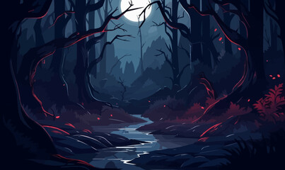 A dark forest with a river running through it