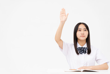 制服を着た日本人女子高校生/学習塾/白背景スタジオ撮影	