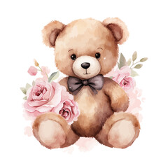 A teddy bear with a pink bow is sitting on a bed with pink flowers