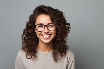 Obraz premium Attractive, happy and smiling young woman with brown hair wearing glasses, isolated on a plain background 