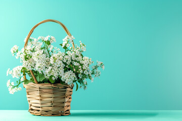 White flowers in wooden basket on turquoise blue background. Generative AI.