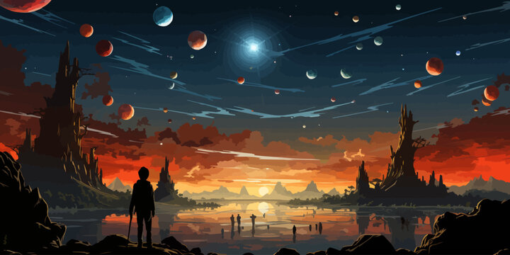 boy standing and looking at the magic rocks floating in the sky, vector illustration