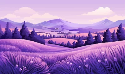 Fotobehang A purple field with a mountain in the background © Svitlana