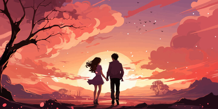 A couple is walking together in a beautiful sunset