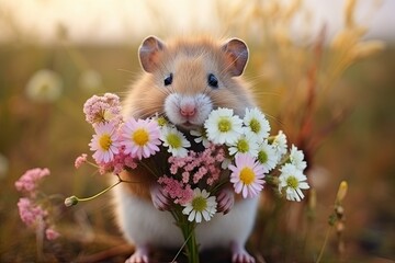 Hamster surrounded by pink and white flowers