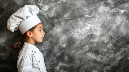 Young girl in chef uniform profile view with chalkboard background