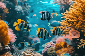 Naklejka na ściany i meble Colorful tropical fish swimming among coral reefs