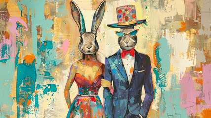 Trendy Easter bunny joins a loving couple in a modern twist. Perfect for seasonal promotions.