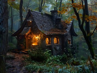 Witchs cottage in the woods, cauldron bubbling, spells brewing