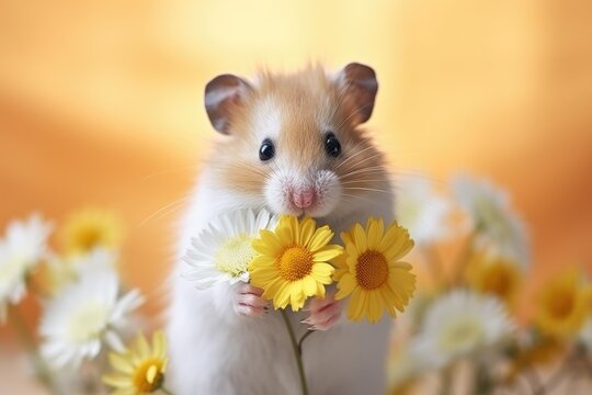 Hamster with daisy flowers on orange background