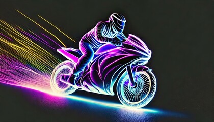 Neonowy rysunek kierowcy prowadzącego motocykl sportowy - obrazy, fototapety, plakaty