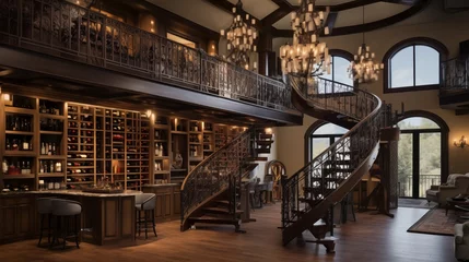 Fotobehang Dramatic two-story wine tasting room with rolling library ladder and wrought iron railings © Aeman