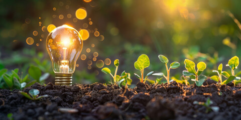 A light bulb glowing with coins and a plant growing on the ground,  financial growth concept,banner - obrazy, fototapety, plakaty