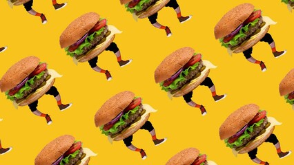 Stop motion, animation. Male legs in sneakers with delicious burger body over yellow background. Fast food lover. Concept of art, creativity, food, design, surrealism. Abstract creative design