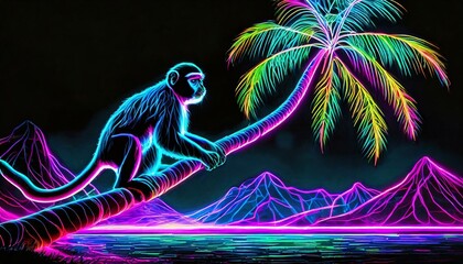 Neonowy rysunek z małpą na gałęzi palmy - obrazy, fototapety, plakaty
